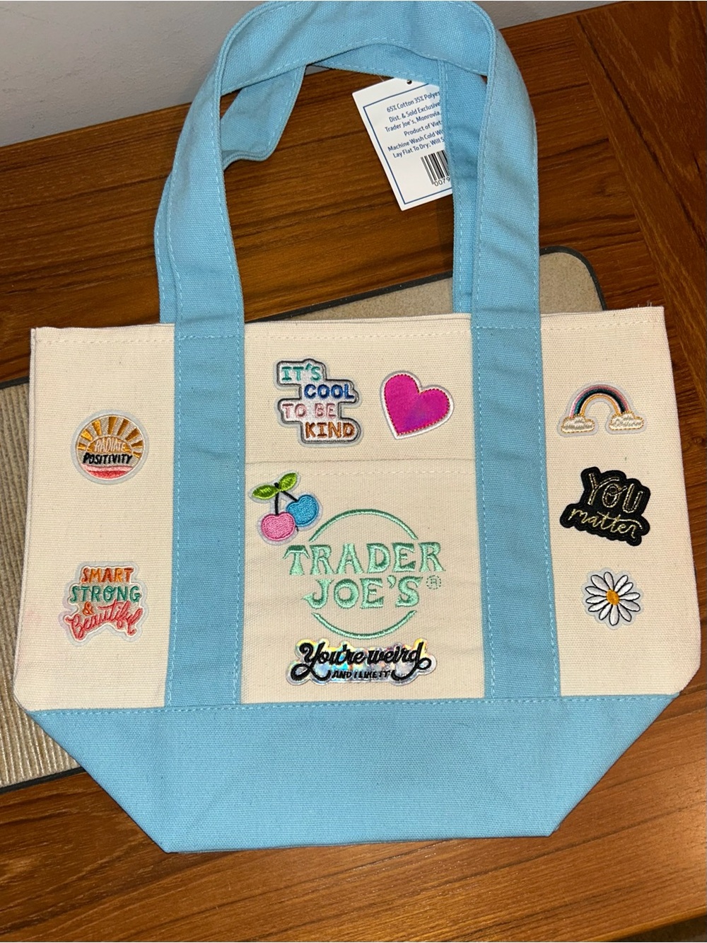 Upcycled Trader Joe's Cream & Blue Canvas Tote Bag with Positive Patch Details